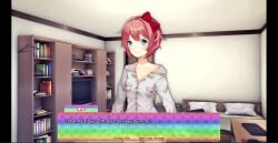 animated bedroom blue_eyes bow breasts ddlc_mod doki_doki_literature_club hair makeup male/female mc_(doki_doki_literature_club!) nervous nude pajamas pussy sayori_(doki_doki_literature_club) shy tagme undressed undressing video