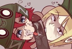 2girls 2girls1boy above_view azov azov_chan blonde_female blonde_hair blowjob blowjob_face blowjob_sandwich buhanochka-tan cum_on_face dark_penis double_blowjob glebscream kissing_penis looking_at_viewer marichka red_hair russian russian_girl solider sucking sucking_penis ukrainian ukrainian_girl