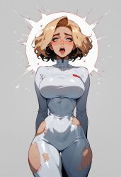 ai_generated blonde_hair blue_eyes bodysuit large_breasts torn_clothes