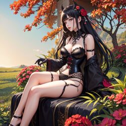 1girls ai_generated black_hair corset flowers gloves meadow sitting succubus