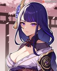 ai_generated armor bangs blush braid braided_ponytail breasts cherry_blossoms cleavage falling_petals female flower genshin_impact hair_ornament hoyoverse japanese_clothes kimono large_breasts long_hair looking_at_viewer megasonek mihoyo mole mole_under_eye obi parted_lips patreon_username petals purple_eyes purple_flower purple_hair raiden_shogun ribbon sash shoulder_armor solo upper_body watermark