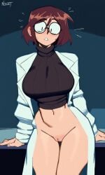 1girls ai_generated black_turtleneck bottomless brown_hair glasses kosine1777 kosineverse labcoat large_breasts lily_(kosine1777) nerd nerdy_female original original_character pussy round_glasses scientist short_brown_hair short_hair surprised turtleneck turtleneck_sweater