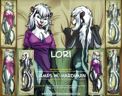 2015 advertisement anthro ass bed_sheet claws dakimakura distracting_watermark english_text female furry green_eyes grey_nose hair james_m_hardiman looking_at_viewer lori lying mammal on_back pussy shirt skunk solo teeth text tongue watermark white_hair