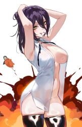 absurdres adjusting_hair black_thighhighs breasts chainsaw_man commentary explosion explosion_background female female_only foolish_potato green_eyes highres large_breasts medium_hair navel no_panties no_pants open_clothes open_shirt pochita_(chainsaw_man) purple_hair reze_(chainsaw_man) shirt simple_background stomach thighhighs white_background white_shirt