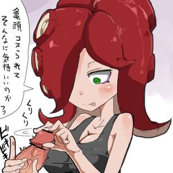 1boy 1girls :p anthro big_breasts blush breasts censored cephalopod cephalopod_humanoid female green_eyes humanoid ineffective_censorship japanese_text light-skinned_female light_skin long_hair male male/female mask_(marking) nintendo octarian octoling octoling_girl octoling_rival octopus penis red_hair splatoon suction_cup tank_top tentacle tentacle_hair text tongue tongue_out translation_request