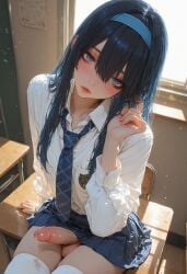1boy ai_generated black_hair blue_eyes button_down_shirt classroom femboy feminine_male hannai headband looking_at_viewer male miniskirt necktie otoko_no_ko penis playing_with_hair pleated_skirt precum school_uniform sitting skirt solo_femboy solo_focus testicles thighhighs trap white_legwear