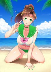 asahina_hikage bare_shoulders beach belly bishoujo_senshi_sailor_moon breasts brown_hair clothing female flower gesture green_eyes hair_flower large_breasts long_hair makoto_kino nail_polish navel necklace nipples panties pigtail sailor_jupiter thighs toenail_polish v wet