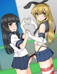 2boys bangs bar_censor black_eyes black_hair black_panties blunt_bangs blush brown_eyes brown_hair censored cosplay elbow_gloves erection femboy from_side gay gloves hairband hand_holding hatsuyuki_(kantai_collection) hatsuyuki_(kantai_collection)_(cosplay) heart heart_hands heart_hands_duo highleg highleg_panties highres kantai_collection long_hair looking_at_viewer male midriff mikusu miniskirt multiple_boys multiple_penises open_mouth panties penis penises_touching pleated_skirt pointless_censoring pointy_ears school_uniform serafuku shimakaze_(kantai_collection) shimakaze_(kantai_collection)_(cosplay) skirt smile striped striped_legwear tagme thighhighs underwear white_gloves yaoi