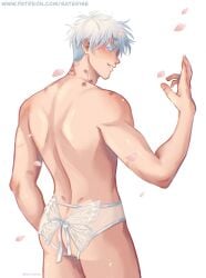 back back_dimples back_muscles back_view bite bite_mark blue_eyes blush blushing_at_viewer bruise cocky facing_away hickey jujutsu_kaisen male male_focus male_only muscles my_goatjo_would_not_wear_this pale_skin panties patreon patreon_reward saterise satoru_gojo smirk smug smug_face smug_grin submissive submissive_male white_hair