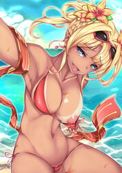 :p armpits beach bikini blonde_hair blue_eyes braid breasts cleavage earrings female granblue_fantasy highres jewelry looking_at_viewer miyashiro_nana-san_yonban nipple nipples red_bikini self_shot short_hair side-tie_bikini solo sunglasses sunglasses_on_head sweat swimsuit tan_lines tied_hair tongue tongue_out water zeta_(granblue_fantasy)