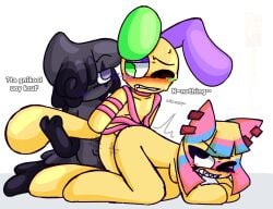 1female 2male bisexual bisexual_sandwich blot_(dandy's_world) blush dandy's_world dominant_female dominant_male holding_tail looey_(dandy's_world) looking_at_partner male/female male/male male/male/female naked naked_female naked_male nipple on_floor pleasured_female pleasured_male pulling_tail sandwich_position sandwiched shiny_skin simple_background skyblue_enjoyer submissive_male sweating sweating_male tail tail_around_partner three_way threesome tied tied_male tied_up yatta_(dandy's_world)