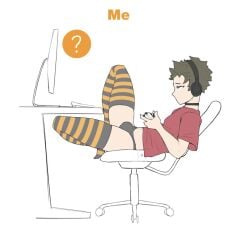 1boy belly_button bulge chair choker computer_monitor computer_mouse controller cute_boy femboy half-closed_eyes headphones male navel posture red_shirt shirt_lift short_hair slim slim_body slim_boy striped_thighhighs thighs twink underwear