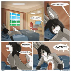 1boy 2015 aaron_(artist) abs andy_porter annoyed anthro ass bed bedroom black_hair blanket closed_eyes comic dialogue english_text erection fur furry furry_only green_eyes grey_fur hair humanoid_penis lagomorph long_hair lying male male_only mammal morning_wood muscles nude on_bed on_front open_mouth pecs penis pillow pink_nose rabbit sitting solo teeth text tongue vein waking_up white_fur