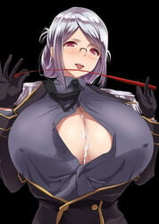 :p alternate_color breasts cleavage cum cum_on_body cum_on_breasts cum_on_upper_body ejaculation erect_nipples female gigantic_breasts glasses highres kantai_collection katori_(kantai_collection) kloah looking_at_viewer open_clothes pink_eyes riding_crop short_hair silver_hair simple_background solo tongue tongue_out