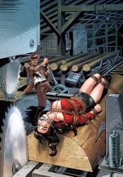 black_hair boots bound_to_object buzzsaw cleavage cloth_gag dumbass failed_attempt imminent_death peril rope_bondage sawmill skirt snuff