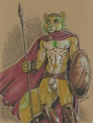 300 abs balls body_hair bulge flaccid fur green_fur happy_trail male male_only mammal muscles pecs penis raccoon spartan traditional_media_(artwork) uncut warrior werepuppy zigzagg