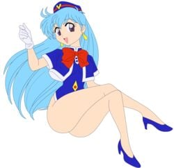 absurdres aqua_hair breasts female female hat highres hips legs legs_crossed long_hair miniskirt no_panties photoshop purple_eyes short_dress simple_background smile solo stewardess tenjouin_katsura thighs vector_trace yat_anshin_uchuu_ryokou