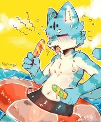 2025 ahoge anthro black_clothing black_swimming_trunks black_swimwear blush bodily_fluids bulge chenpih2o closed_eyes clothing countershading felid feline food hair hi_res life_preserver light male mammal nipples open_mouth pool_float popsicle popsicle_melting sea sky solo sunlight sweat swimming_trunks swimwear text tongue tongue_out translucent translucent_clothing translucent_swimwear water