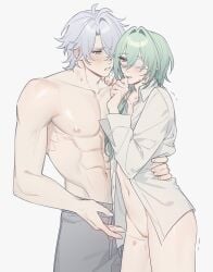 2boys anaxa_(honkai:_star_rail) boypussy cuntboy fingering gay hickey holding_waist honkai:_star_rail male male/male male_only muscular phainon_(honkai:_star_rail) pussy_juice pussy_juice_drip trans_man trembling vaginal_masturbation yaoi