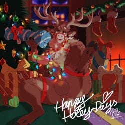 2025 accessory anthro antlers anus balls bell bell_harness belly_nipples brown_body brown_fur christmas christmas_tree deer digital_media_(artwork) english_text fireplace fur genitals gift halter harness hi_res holding_gift holding_leg holding_object holidays hooves horn humanoid_genitalia humanoid_penis inside jingle_bell jingle_bell_harness kaidzsu long_penis looking_at_viewer male mammal new_world_deer one_leg_up penis penis_accessory plant presenting raised_foot raised_leg reindeer sex_toy sitting smile solo string_lights tail text tree watermark