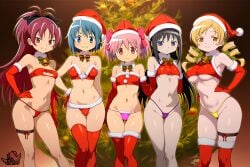 5girls ai_generated akemi_homura artist_logo big_breasts black_hair black_ribbon blue_eyes blue_hair breasts christmas christmas_outfit christmas_tree curvy curvy_female curvy_figure cute drill_hair expressionless hair_ribbon hairpin hi_res long_hair long_ponytail madoka_kaname madoka_worship magical_girl mahou_shoujo_madoka_magica medium_breasts miki_sayaka multiple_girls petite petite_body petite_female pink_eyes pink_hair ponytail puella_magi_madoka_magica purple_eyes red_eyes red_hair red_ribbon ribbon ribbons sakura_kyouko santa_hat seductive seductive_look seductive_smile short_hair small_breasts straight_hair thick_thighs thigh_strap thighhighs thong tomoe_mami twin_drills twintails underboob very_high_resolution yellow_eyes yellow_hair