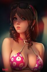 1girls bikini_top blue_eyes breasts brown_hair cleavage clothing drill_hair earrings expressionless fair-skinned_female fair_skin female female_only front_view light-skinned_female light_skin long_hair medium_breasts portrait realistic solo sunglasses tagme tsuaii