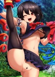 :d arm_garter armpits asymmetrical_wings bar_censor bikini bikini_under_clothes black_bikini black_hair black_shirt black_skirt black_thighhighs blue_wings blush boots bow bowtie breasts censored center_frills commentary_request crop_top female foot_out_of_frame frills highres holding holding_pom_poms houjuu_nue large_variant_set looking_at_viewer miniskirt navel no_panties one_eye_closed open_mouth outdoors peso_(cheese_company) pleated_skirt pointy_ears pom_pom_(cheerleading) pussy red_boots red_bow red_bowtie red_eyes red_wings shirt short_hair skirt sleeveless sleeveless_shirt smile solo split standing standing_on_one_leg standing_split swimsuit thighhighs touhou variant_set wings