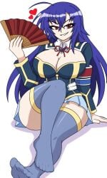 1girl 1girls ahoge armband armbands big_boobs big_breasts big_thighs blue_armband blue_skirt cel_shading curvy dark_eyes feet female female_focus female_only folding_fan front_view heart hot huge_breasts huge_thighs kurokami_medaka long_hair looking_at_viewer medaka_box medaka_kurokami purple_hair red_armband red_eyes red_ribbon ribbon school_uniform schoolgirl schoolgirl_uniform seductive shadow sitting skirt smug smug_expression smug_face solo solo_female solo_focus thick thick_legs thick_thighs white_background