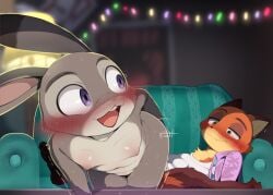 1boy animal_ears blush dagasi female flat_chest fox_boy furry furry_female furry_male furry_with_furry grey_fur highres interspecies judy_hopps nick_wilde nipples purple_eyes shaking_butt small_breasts smaller_female straight teasing zootopia