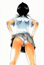 1girls accurate_art_style accurate_body_type ai_generated ass ass_focus back back_view black_hair bleach butt cel_shading clothes_lift clothing facing_away female female_focus female_only flat_ass foreshortening from_behind from_below glossy grey_skirt hands_on_hips hands_on_own_hips high_resolution highres kneepits kuchiki_rukia lace lace-trimmed_panties lace_trim large_filesize legs_apart light-skinned_female light_skin line_art looking_away low-angle_view manga_style panties pantsu pantyshot perspective petite pleated_skirt rear_view school_uniform schoolgirl shiny_hair shiny_skin shirt short_hair short_sleeves simple_background skirt skirt_lift slender_waist slim_waist solo solo_female solo_focus standing thigh_gap thighs tite_kubo_style underwear uniform upskirt viewed_from_behind viewed_from_below warm_colors warm_lighting white_background white_panties white_shirt worm's-eye_view ㅇㅇ