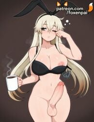 1futa 2025 ai_generated artist_name black_bra blonde_hair bra breasts bust chest cock coffee_mug cup dick erection foreskin foxenpai futanari hi_res high_quality high_resolution highres holding_cup kantai_collection large_penis large_testicles long_hair mug one_eye_closed panties patreon patreon_username penis shimakaze_(kantai_collection) solo stable_diffusion steam teacup testicles uncensored underwear veins veiny_penis watermark
