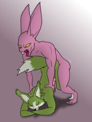 2boys abstract_background canine darkajugin dragon_ball dragon_ball_super dyspo fox fur gay green_fur lagomorph majora_(dragon_ball) male male_only mammal multicolored_fur nude penis purple_skin rabbit sex sweat two_tone_fur yaoi