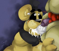 2boys animatronic anthro bear bow cum cum_in_mouth cum_inside cum_on_face cum_on_penis diphallia diphallism erection fellatio five_nights_at_freddy's five_nights_at_freddy's_3 fronnie frots gay glowing glowing_eyes golden_freddy_(fnaf) group group_sex hand_on_penis hat human human_on_anthro interspecies lagomorph looking_up machine male male_only mammal metal_penis multi_penis nude oral penis purple_guy_(fnaf) rabbit robot sex solo_focus springtrap springtrap_(fnaf) standing sucking thick_penis threesome uncut william_afton_(fnaf) wire yaoi