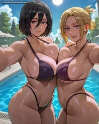 2girls ai_generated annie_leonhardt ass asymmetrical_docking attack_on_titan bangs bikini black_bikini black_eyes black_hair blonde_hair blue_eyes blue_sky breast_press breasts cleavage cloud collarbone dandanhub day female female_only folded_ponytail hair_between_eyes highleg highleg_bikini large_breasts looking_at_viewer mikasa_ackerman multiple_girls navel open_mouth outdoors pool poolside selfie shingeki_no_kyojin short_hair sky smile sun swimsuit symmetrical_docking tree water wet