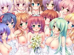 6+girls aki_kyouko blue_hair blush bouquet breasts breasts_out bride class_zenin_maji_de_yuri?! dress dress_pull elbow_gloves everyone female flower game_cg gloves harem hatsuse_akira hiei_mami houshou_ayane izumi_meru jewelry kasuga_rinko kii_moeka kurama_miyuu looking_at_viewer mbs_truth multiple_girls necklace nipples ogawa_masami pink_hair smile suou_arina tanikaze_haruka wedding_dress yashima_yuzu