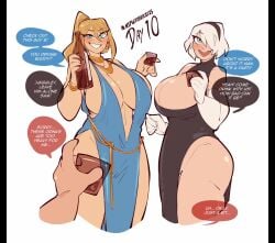 1boy 2girls ass big_ass big_breasts blonde_hair blue_eyes breasts crossover dress english_text female female_focus huge_breasts large_breasts light-skinned_female light_skin long_hair looking_at_viewer male mephistojonesva metroid multiple_females multiple_girls nier nier:_automata nier_(series) ponytail qpafterhoursch samus_aran saucymojo short_hair single_image_animation sound tagme text thick_thighs thighs thighs_bigger_than_head video voice_acted white_background white_hair wide_hips yorha_2b