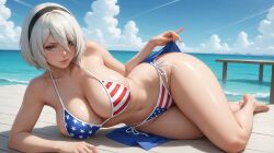 1girls ai_generated american_flag_bikini bikini blue_eyes female_focus high_resolution looking_at_viewer lying_down lying_on_side nier nier:_automata nier_(series) short_hair solo solo_female tagme white_hair yorha_2b