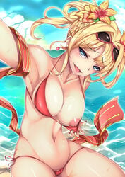 :p armpits beach bikini blonde_hair blue_eyes braid breasts cleavage earrings female granblue_fantasy highres jewelry looking_at_viewer miyashiro_nana-san_yonban nipple nipples red_bikini self_shot short_hair side-tie_bikini solo sunglasses sunglasses_on_head sweat swimsuit tied_hair tongue tongue_out water zeta_(granblue_fantasy)