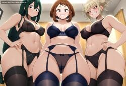 3girls ai_generated asui_tsuyu bangs bare_shoulders black_bra black_panties blonde_hair blue_bra blue_panties blunt_bangs blush boku_no_hero_academia bra breasts brown_eyes brown_hair cameltoe cleavage collarbone covered_nipples curtains dandanhub double_bun female female_only from_below garter_belt garter_straps green_hair grin hair_bun hand_on_hip himiko_toga indoors large_breasts lingerie long_hair looking_at_viewer looking_down medium_breasts multiple_girls my_hero_academia navel nipples ochako_uraraka panties see-through short_hair sidelocks skindentation smile stomach sweat teeth thick_thighs thighhighs thighs toga_himiko tsuyu_asui underwear underwear_only uraraka_ochako very_long_hair yellow_eyes