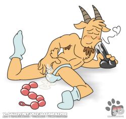 1boy anal anal_beads anal_fingering anal_masturbation anthro armpit_hair artist_logo caprine cartoon_network cheek_bulge closed_eyes clothing dildo dildo_in_mouth finger_fuck fingering goat goat_horns goatee heart jockstrap legwear lying_on_stomach male male_only mammal masturbation mouthful regular_show sex_toy slashweilerdog socks solo spread_legs sucking_dildo thomas_(regular_show) underwear url white_background