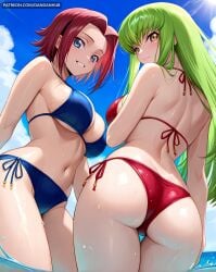 2girls ai_generated ass back bangs bare_shoulders bikini blue_bikini blue_eyes blue_sky blush breasts c.c. cloud code_geass dandanhub day female female_only from_behind green_hair grin halterneck kallen_stadtfeld large_breasts long_hair looking_at_viewer looking_back multiple_girls navel outdoors red_bikini red_hair short_hair side-tie_bikini_bottom sideboob sky smile string_bikini swimsuit thighs wading water wet yellow_eyes