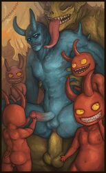 anal anal_sex anthro anus ass backsack balls blue_eyes closed_eyes demon erection fundles gay group horn imp male navel nipples nude penetration penis tongue tongue_out yaoi yellow_eyes