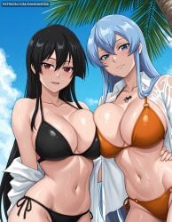 2girls ai_generated akame_(akame_ga_kill!) akame_ga_kill! asymmetrical_docking bangs bikini black_bikini black_hair blue_eyes blue_hair blue_sky blush breast_press breasts cleavage closed_mouth cloud collarbone dandanhub day esdeath_(akame_ga_kill!) female female_only hair_between_eyes large_breasts long_hair looking_at_viewer multiple_girls navel off_shoulder open_clothes open_mouth open_shirt orange_bikini outdoors palm_tree red_eyes shirt side-tie_bikini_bottom sky smile swimsuit tattoo tree very_long_hair wet wet_clothes wet_shirt white_shirt