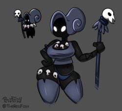 1girls anthro artist_signature big_breasts black_skin breasts cleavage colored dark_skin darkfody female glowing_eyes hand_on_hip hand_on_hips hat holding holding_object hollow_knight hollow_knight_(franchise) jewelry necklace panties redfody_(artist) reference_image snail_shaman staff thick_thighs thigh_highs thigh_strap torn_clothes torn_clothing