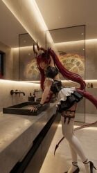 ass baal_(goddess_era) bathroom bent_over black_crop_top black_heels black_skirt cleavage clock curvy demon demon_girl demon_horns demon_tail detailed_background elbow_gloves fanart female frilled_skirt frills garter_straps gears gloves goddess_era high_heels high_ponytail highres horns large_breasts leaning_forward long_hair looking_at_viewer maid maid_headdress miniskirt mirror modern_interior panties red_eyes red_hair short_skirt sink solo steampunk tail thick_thighs thigh_strap twintails upskirt white_apron white_panties white_thighhighs