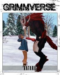 1girls 1monster 3d anthro avatar_the_last_airbender blue_eyes breasts brown_hair clothed_female cover_page crossover dark-skinned_female dark-skinned_male duo erect_penis female grimm_(rwby) grimmverse height_difference indrick_[artist] katara male monster monster_cock penis rwby snow