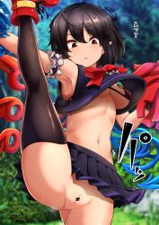 :o anus arm_garter armpits asymmetrical_wings bar_censor bikini bikini_top_only bikini_under_clothes black_bikini black_hair black_shirt black_skirt black_thighhighs blue_wings blush boots bow bowtie breasts censored center_frills commentary_request crop_top female foot_out_of_frame frills highres holding holding_pom_poms houjuu_nue large_variant_set looking_at_viewer miniskirt navel no_panties open_mouth outdoors peso_(cheese_company) pleated_skirt pointy_ears pom_pom_(cheerleading) pussy red_boots red_bow red_bowtie red_eyes red_wings shirt short_hair skirt sleeveless sleeveless_shirt solo split standing standing_on_one_leg standing_split swimsuit thighhighs touhou translation_request variant_set wings