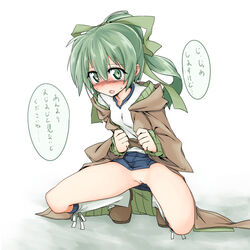 blush bottomless duel_monster embarrassed female green_eyes green_hair hair_ribbon kurenaitaro looking_at_viewer open_mouth pussy skirt_lift solo spread_legs wynn wynn_the_wind_charmer yu-gi-oh!