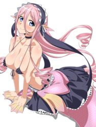 bikini bikini_skirt blue_eyes blush breasts chikuishi female large_breasts long_hair lowres maid_headdress mermaid meroune_lorelei monster_girl monster_musume_no_iru_nichijou pink_hair smile solo very_long_hair webbed_hands