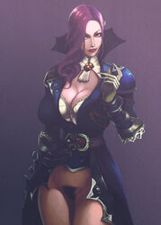 1girls armor blackchain_(rennes) bottomless breasts busty cleavage curvy forsaken_world gauntlets hair_over_one_eye huge_breasts pubic_hair purple_hair pussy thick thighs vampire voluptuous